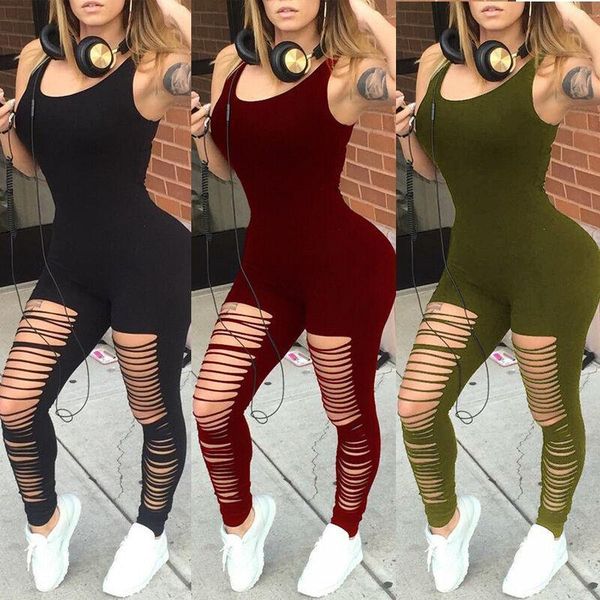 

solid fashion round neck sleeveless women jumpsuit hollow out summer clothing casual tracksuits, Black;white