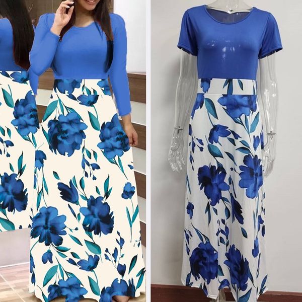 

spring summer for women dress casual long sleeve round neck tunic floral flower print patchwork vintage maxi vestidos 210520, Black;gray