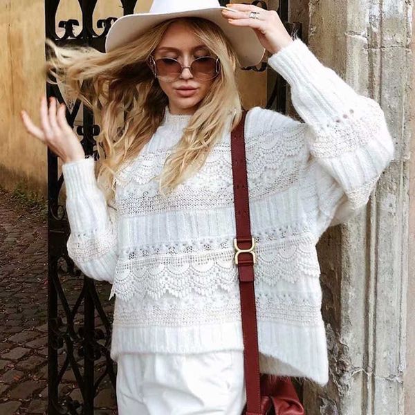 

women's sweaters lace oversize pullover sweater autumn winter warm knit women long sleeve pull jumper tcj7, White;black