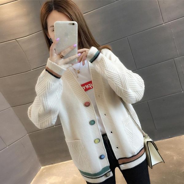 

sweaters women's knitted autumn and winter loose korean v-neck all-match small cardigan jacket sweater, White;black
