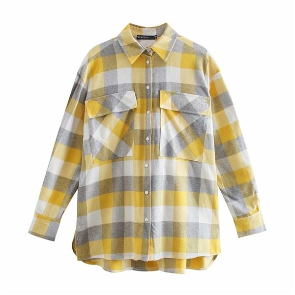 Streetwear Mulheres Amarelo xadrez Camisas Moda Senhoras Algodão Solto Tops Causal Feminino Chique Bolso Botão Blusas 210527