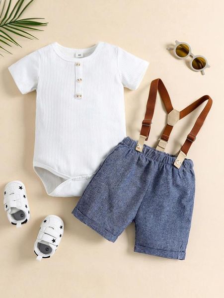

baby button detail bodysuit & suspender shorts she, White