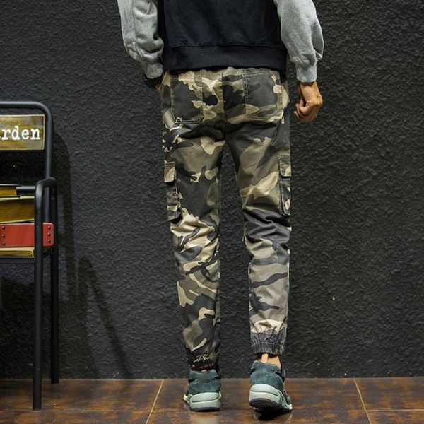 

men casual camouflage ankle-tied multi-pockets cotton sport ninth pants trousers hand wash regular men's, Black