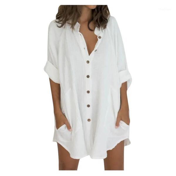 

women's blouses & shirts elegant casual cotton linen women lady fashion short sleeve mid-length breasted shirt cardigan blouse camisas, White