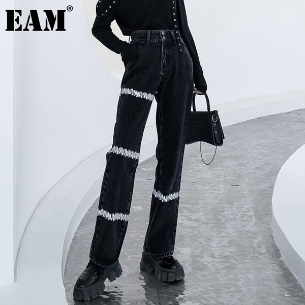

[eam] high waist wide leg black irregular print big size jeans loose women trousers fashion tide spring autumn 2021 1dd5961 women's, Blue