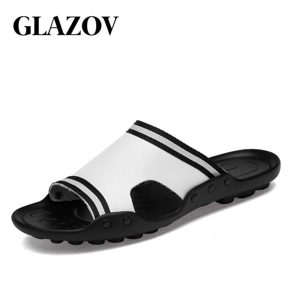 

slippers men's sandals summer shoes outdoor beach genuine leather flip flops men moccasins casual sports thick sole, Black