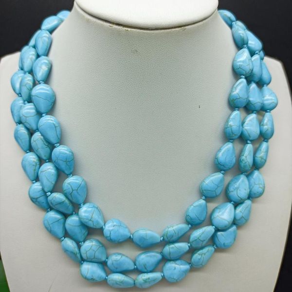 

chains 3 rows exquisite blue 12x15mm turquoise drop-shaped fashion necklace 18-20 inch high-end women's jewelry, Silver