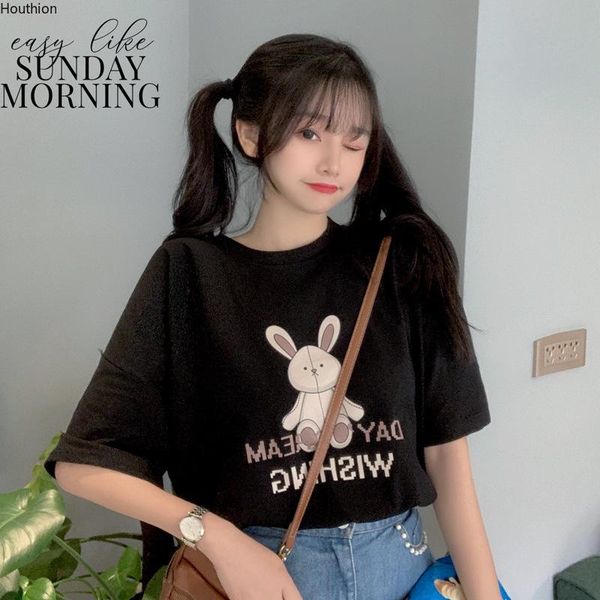 

houthion cartoon print woman t-shirt fashion casual korean short-sleeved women's cotton polyester blended short, White