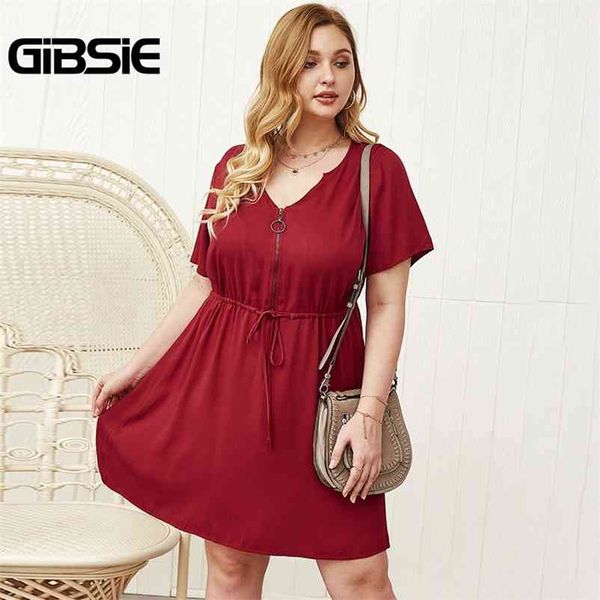 GIBSIE Katı V Yaka O-Ring Zip Ön Yaz Elbise Kadın Artı Boyutu İpli Bel Mini Elbiseler Kadın Casual OL A-line Elbise 210331