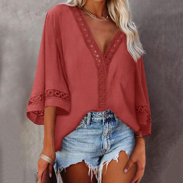 

women's blouses & shirts summer solid color v-neck pleated lace stitching short-sleeved shirt casual elegant chiffon colors plus size s, White