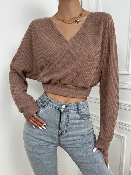 

surplice neck batwing sleeve crop pullover d9pp#, White;black