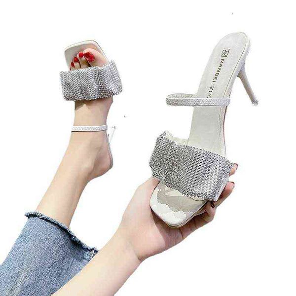 

yang mi's same 2021 summer high-heeled sandals women's herringbone belt square head open toe rhintone thin heel
