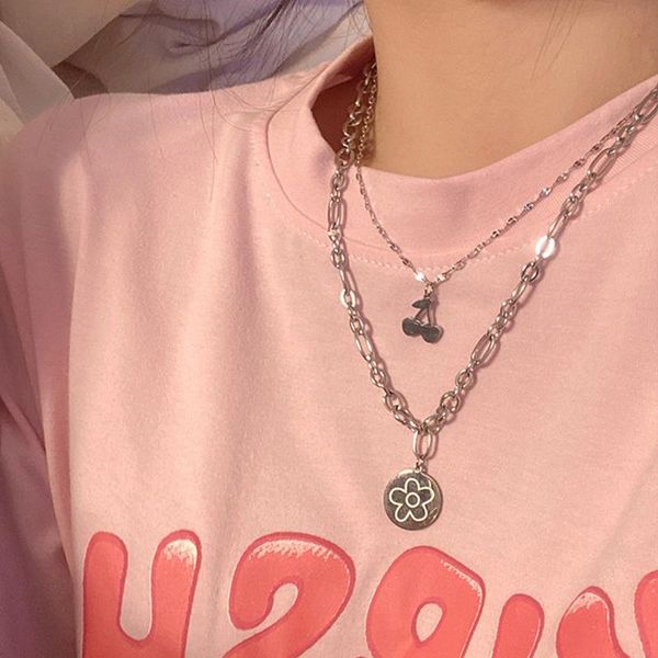 

chokers hz 2021 punk silver colour metallic cherry flower steel titanium chain double necklace for women girls daily accessories, Golden;silver