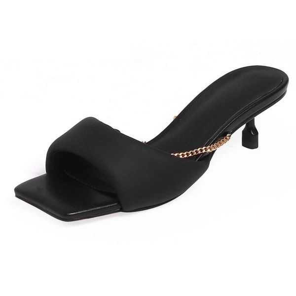 

soft sheepskin square toe med heels solid sweetwear young lady maiden energy chains outside slipper shoes women l75 slippers, Black
