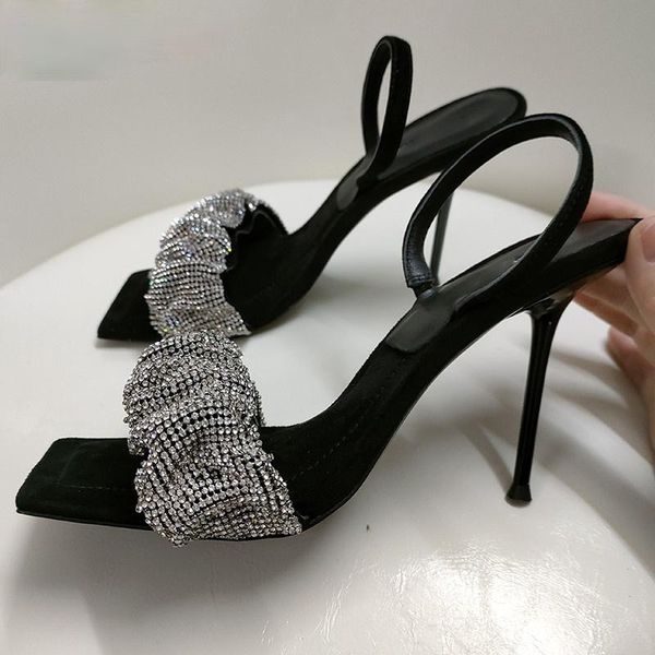 

dress shoes 2021 rhinestone ruffles open toe sandals high heels gladiator stiletto summer crystal slingbacks black woman