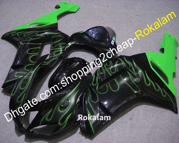 

motorcycle fitting for kawasaki 636 zx6r 2007 2008 zx 6r 07 08 zx-6r green flames black bodywork fairing kit (injection molding)