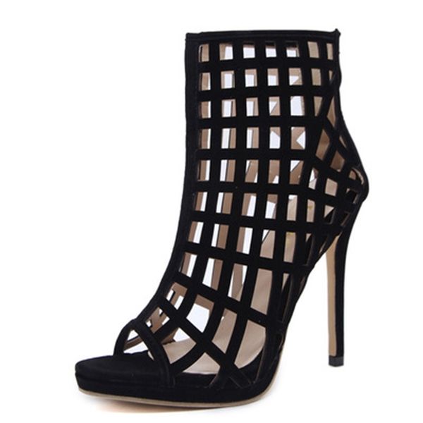 

sandals spring and autumn plaid hollow simple fish mouth high heel nude boots roman sandals women women z124, Black
