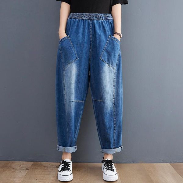 

women's jeans women ankle-lengt casual arrival 2021 simple style vintage solid color high waist loose female denim harem pants b663, Blue