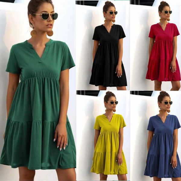 

2020 summer women's v-neck short sleeve multi layer casual dress, Black;gray