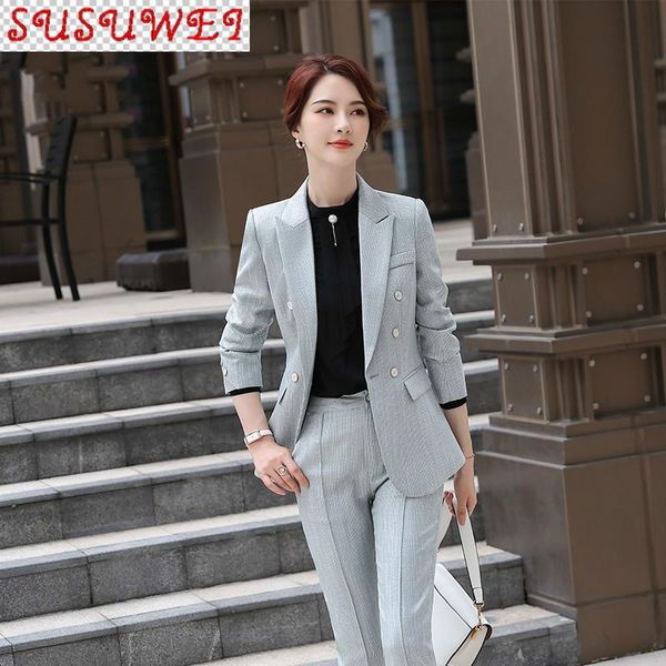 

s-4xl plus size professional women's suit 2021 autumn and winter temperament slim double row jacket trousers suits & blazers, White;black