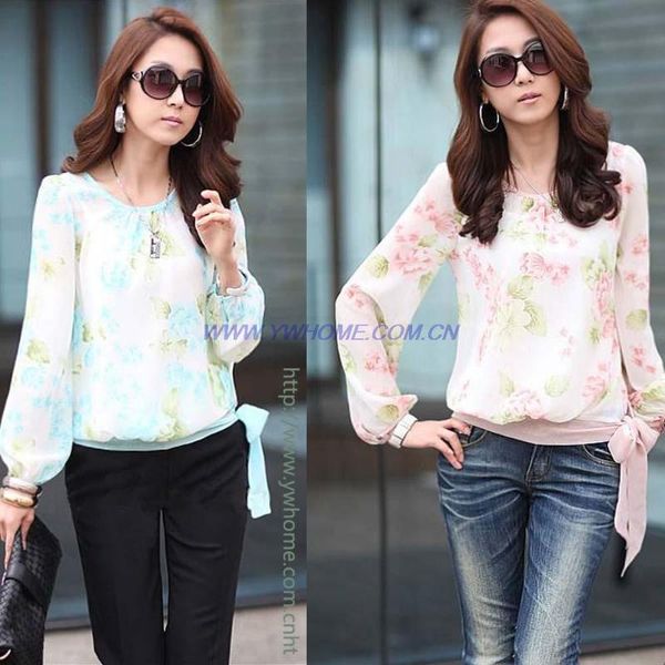 

korean women flower waist tie up long sleeve shirt chiffon blouse shirts women's blouses &, White