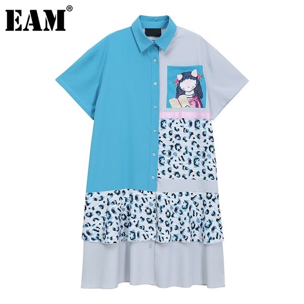 

[eam] women blue pattern printed big size shirt dress lapel short sleeve loose fit fashion spring summer 1dd8719 210512, Black;gray