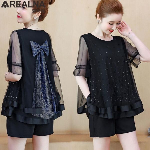 

summer women's suit two piece set lace mesh bow blouse shorts matching female sets plus size 2 women trendy clothes dress, White