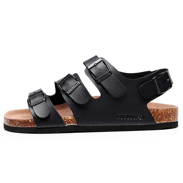 

elling fashion men women soft cork sandals new summer lovers' beach gladiator buckle strap on sandalies male flat casual punk footwear, Black