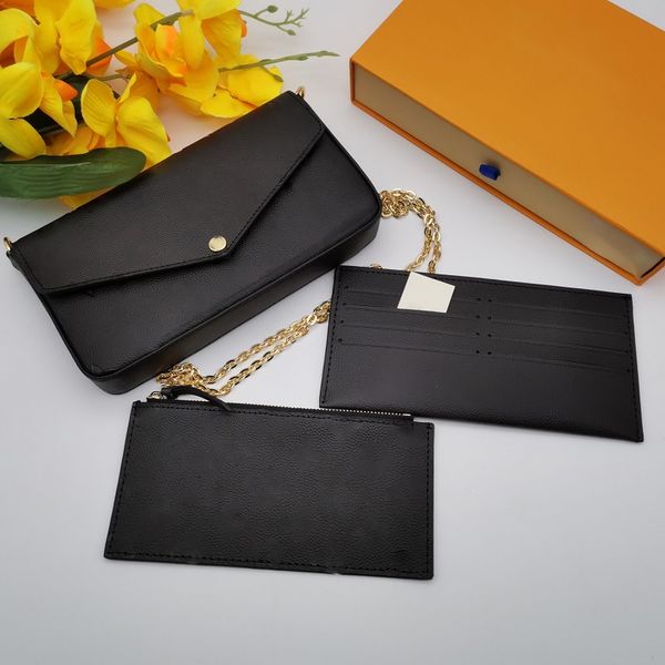 

female purse leather designer deluxe three-piece classic fashion card hand-held shoulder chain with box size 21-12-3 cm, Red;black