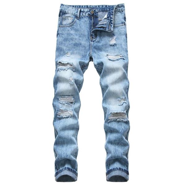 

men's jeans dark blue trendy college students men's ripped straight slim non-stretch denim trousers