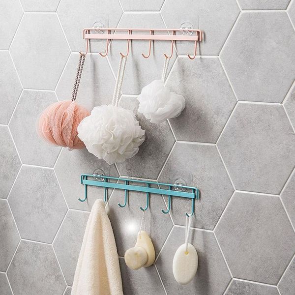 

strong sticky seamless hole-six-connected hook wall-mounted iron storage rack multifunctional clothes towel hooks & rails