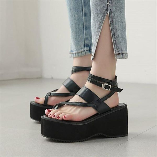 

sandals pxelena rome strappy cross tied gladiator women 2021 summer thick sole chunky platform high heel shoes punk gothic rock, Black