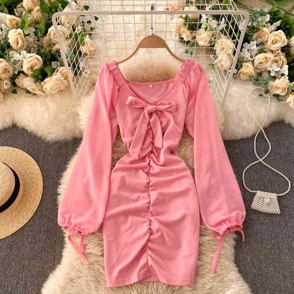 

korean spring summer dress a-line vintage womens v-neck bowknot puff sleeves folds slim hip vestido 210420, Black;gray