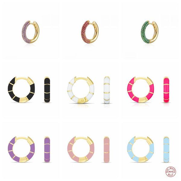 

hoop & huggie mc 925 sterling silver enamel earrings for women ins circle zircons fancy colorful jewelry party, Golden;silver