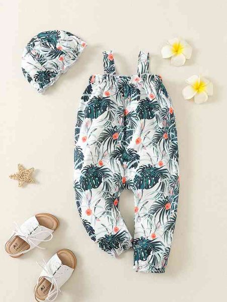 

baby tropical print frill trim cami jumpsuit with hat she, Blue