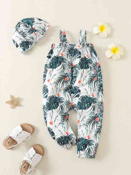 Baby-Cami-Jumpsuit mit tropischem Print, Rüschenbesatz und Hut SIE