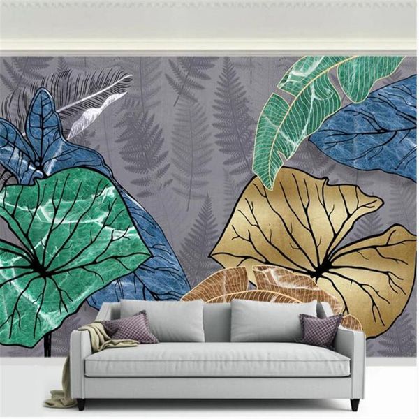 

wallpapers milofi nordic hand painted lines golden tropical leaves stereo bedroom background wall