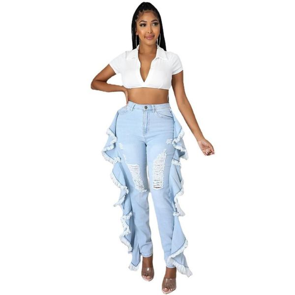 

women's jeans long denim pants fashion woman waist ripped hole side ruffles pockets zipper stretchy skinny trousers, Blue