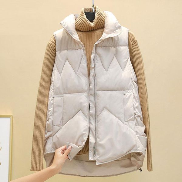 

women's vests autumn winter down cotton large size vest short style 2021 slim fashion stand-up collar white jacket sleeveless, Black;white