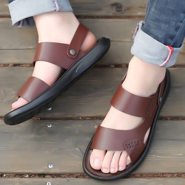 

2021 men's summer fashion luxury designer beach sandals second layer cow leather material breathable non-slip sandale black grey 6 colo