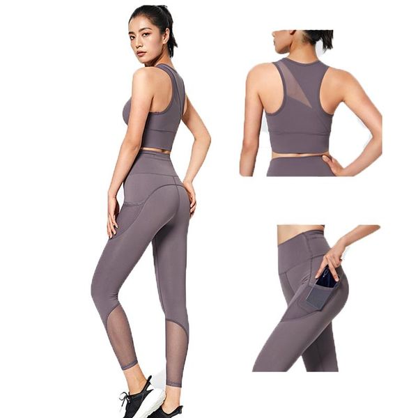 

yoga outfit women set two-piece suits high waist running tight-fitting breathable stretch mesh gym leggings + sports bra
