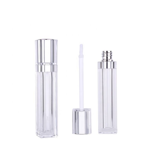 Atacado Embalagem Personalizada Lip Gloss Tube Square Silver 8ml Clear Plástico Bulk Vazio Transparente Garrafa Acrílico Recipiente