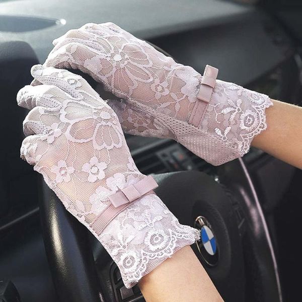 

five fingers gloves women lace sunscreen summer spring lady stretch touch screen anti uv slip resistant driving glove breathable guantes, Blue;gray