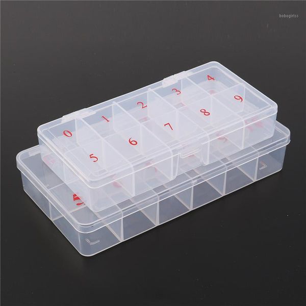 

10/11 cells false nail art tips box acrylic storage case natural translucent plastic fake case1, Red;gold