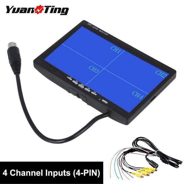 

car video yuanting 7" lcd rearview quad split monitor remote control 4pin connector inputs shockproof 12v-24v 800*480 hd screen