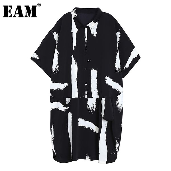 

[eam] women black print big size casual shirt dress lapel neck short sleeve loose fit fashion spring summer 1dd8162 21512, Black;gray