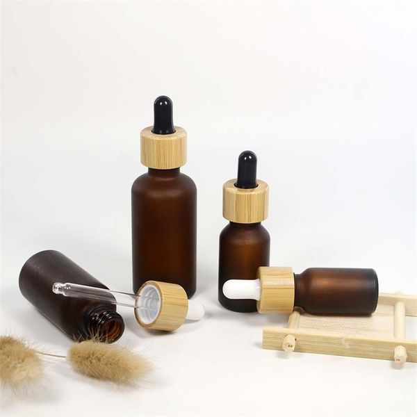 

factory brown 20ml 30ml 50ml 100ml 10ml 15ml bamboo cover frosted glass essential oil dropper bottle