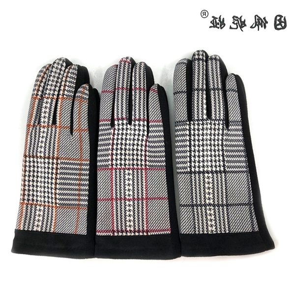 

suede printed plaid gloves autumn winter women's outdoor riding warm, Black