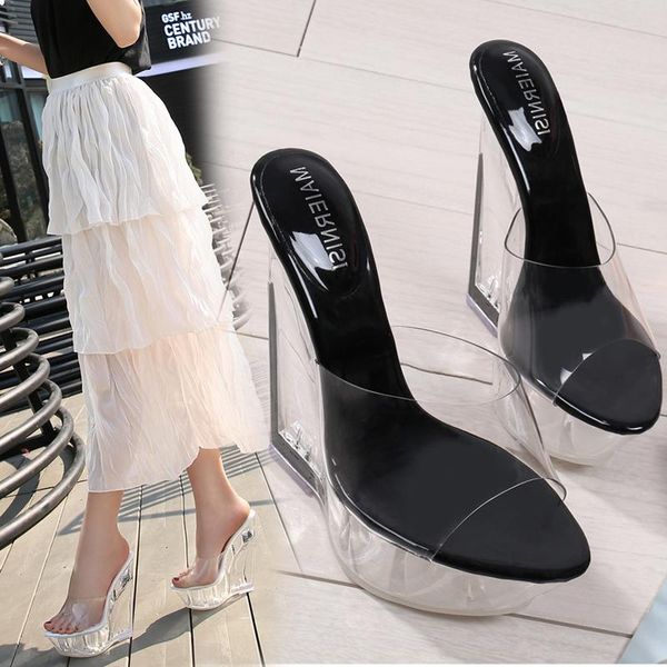 

waterproof sandals outdoor and slippers high heels 14cm shoes t-step transparent wedges nightclub, Black