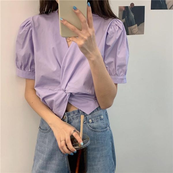 

women's blouses & shirts 2021 summer women puff sleeve v-neck elegant folds korean fashion gentle casual pullovers womens, White